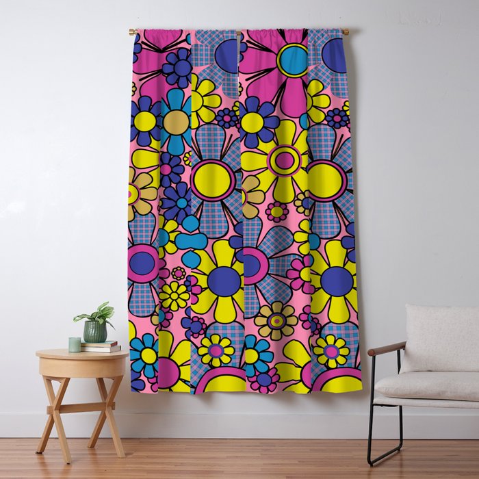 Groovy Retro Garden Gingham Flowers 60s 70s Maximalist Floral Pattern Pink Blue Yellow Window Curtain Gallery Image 5