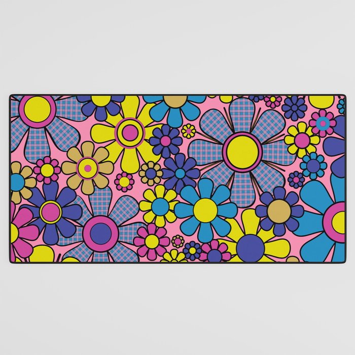 Groovy Retro Garden Gingham Flowers 60s 70s Maximalist Floral Pattern Pink Blue Yellow Desk Mat Gallery Image 3