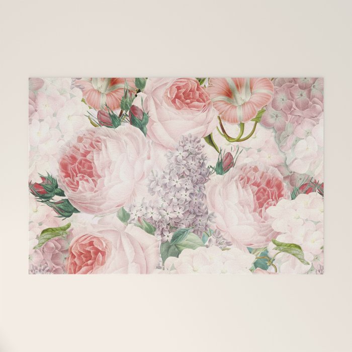 Vintage & Shabby Chic - Pastel Pink Botanical Summer Roses Garden Welcome Mat Gallery Image 1