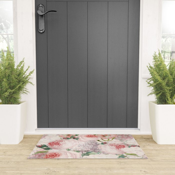 Vintage & Shabby Chic - Pastel Pink Botanical Summer Roses Garden Welcome Mat Gallery Image 3
