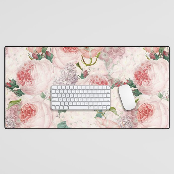 Vintage & Shabby Chic - Pastel Pink Botanical Summer Roses Garden Desk Mat Gallery Image 1