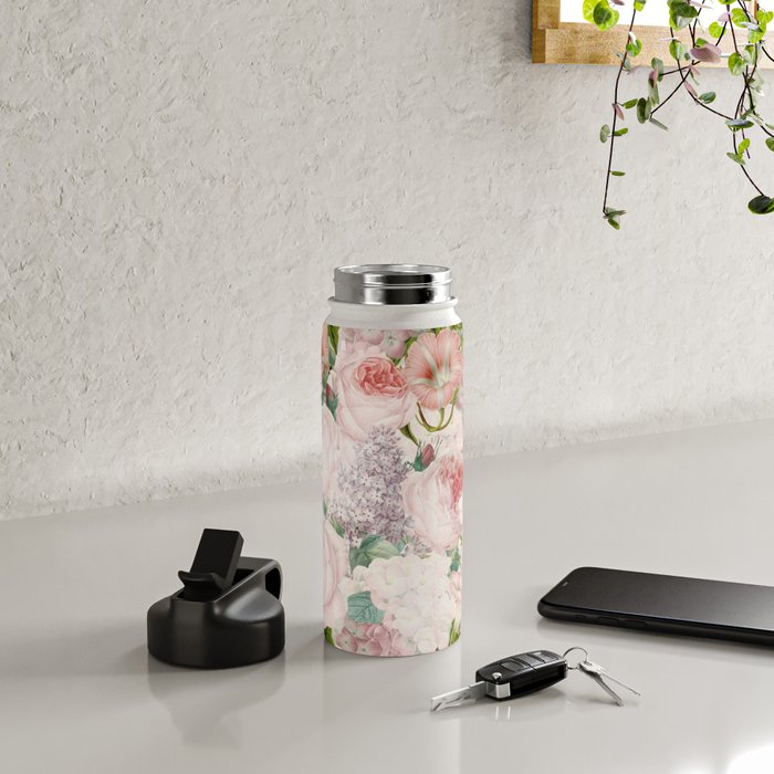 Vintage & Shabby Chic - Pastel Pink Botanical Summer Roses Garden Water Bottle Gallery Image 4
