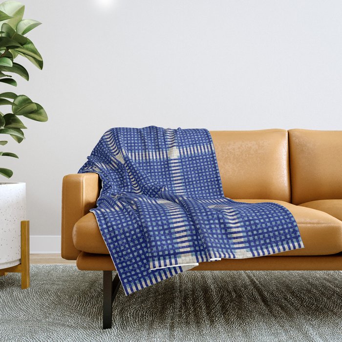 Woven Cross Check Seaside Blue x Navy Blue x Cream Throw Blanket Gallery Image 1