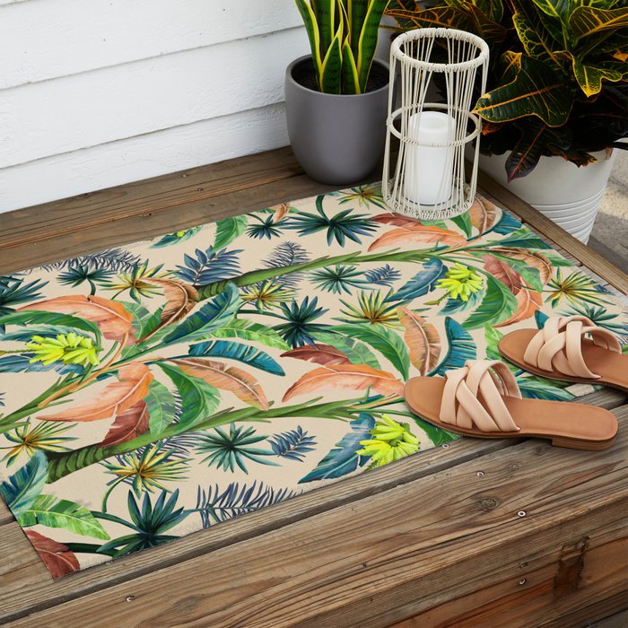 Palm Life, tropical palm leaves, Hollywood Regency, green, orange Outdoor Rug Gallery Image 2