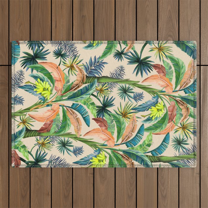 Palm Life, tropical palm leaves, Hollywood Regency, green, orange Outdoor Rug Gallery Image 1