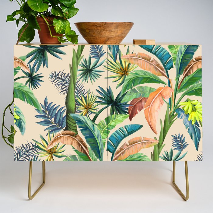 Palm Life, tropical palm leaves, Hollywood Regency, green, orange Credenza Gallery Image 1