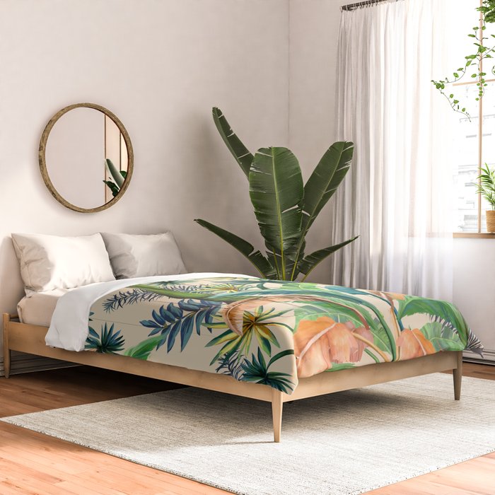 Palm Life, tropical palm leaves, Hollywood Regency, green, orange Comforter Gallery Image 2