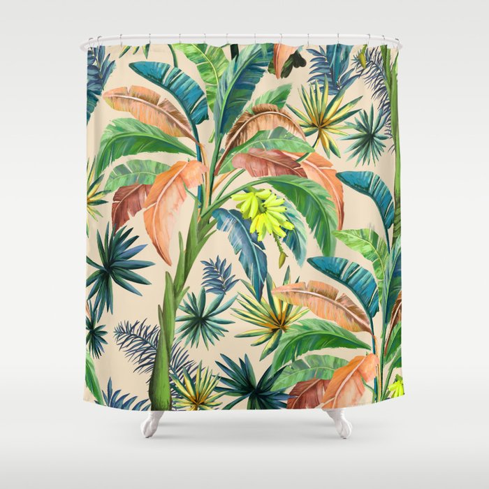 Palm Life, tropical palm leaves, Hollywood Regency, green, orange Shower Curtain Gallery Image 1