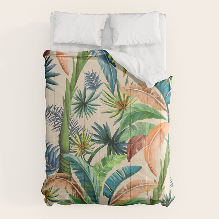 Palm Life, tropical palm leaves, Hollywood Regency, green, orange Comforter Gallery Image 1