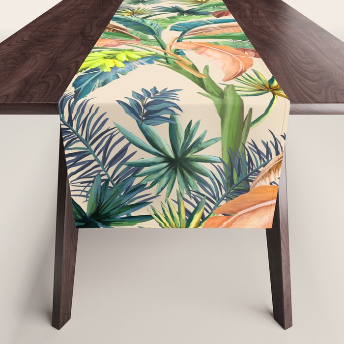 Palm Life, tropical palm leaves, Hollywood Regency, green, orange Table Runner Gallery Image 1