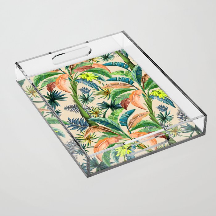 Palm Life, tropical palm leaves, Hollywood Regency, green, orange Acrylic Tray Gallery Image 1