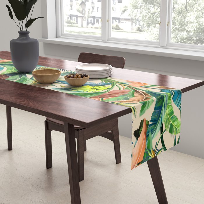 Palm Life, tropical palm leaves, Hollywood Regency, green, orange Table Runner Gallery Image 2