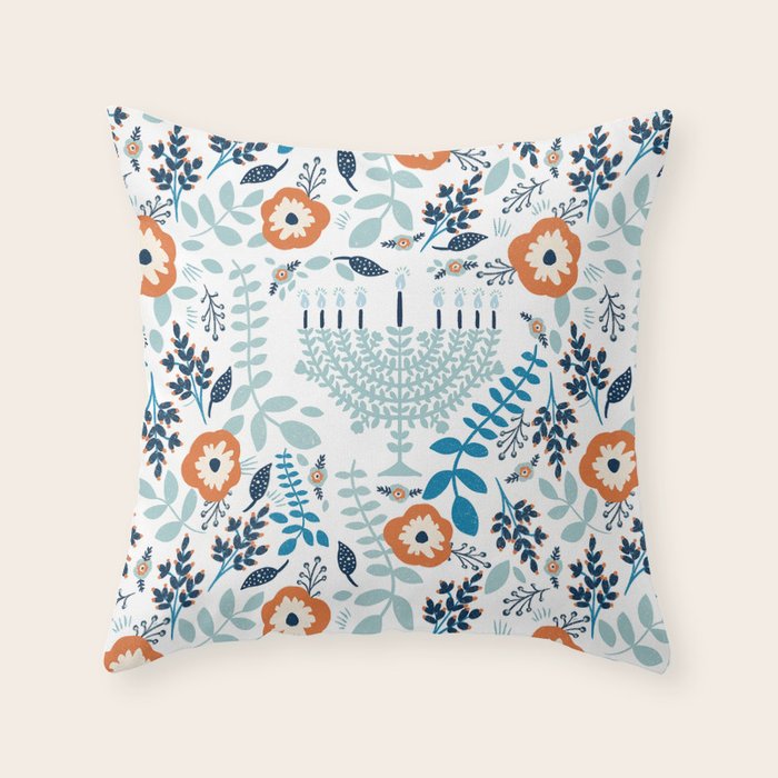 Hanukkah Menorah and Flowers Throw Pillow Gallery Image 1
