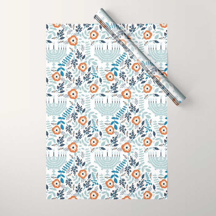 Hanukkah Menorah and Flowers Wrapping Paper Gallery Image 1