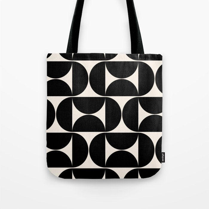 Mid Century Modern Abstract Pattern Black And Cream White Tote Bag Gallery Image 1