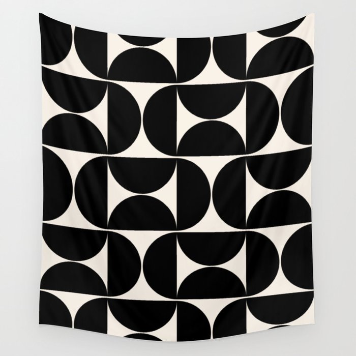 Mid Century Modern Abstract Pattern Black And Cream White Wall Tapestry Gallery Image 4