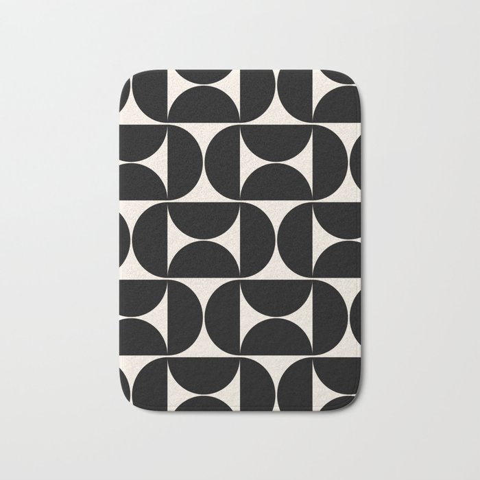 Mid Century Modern Abstract Pattern Black And Cream White Bath Mat Gallery Image 1