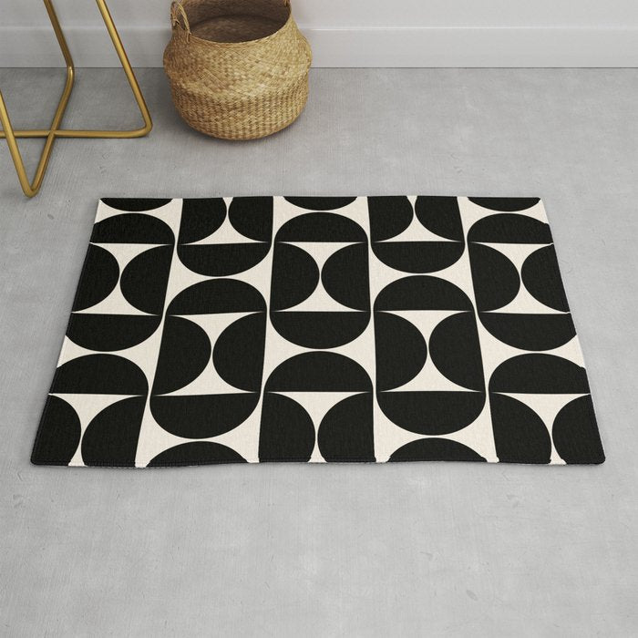 Mid Century Modern Abstract Pattern Black And Cream White Rug Gallery Image 1