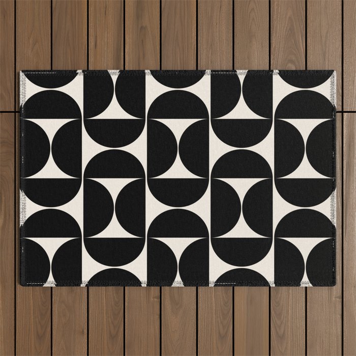 Mid Century Modern Abstract Pattern Black And Cream White Outdoor Rug Gallery Image 1