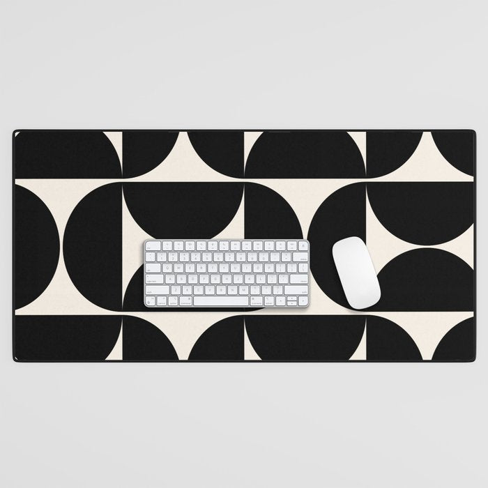 Mid Century Modern Abstract Pattern Black And Cream White Desk Mat Gallery Image 1