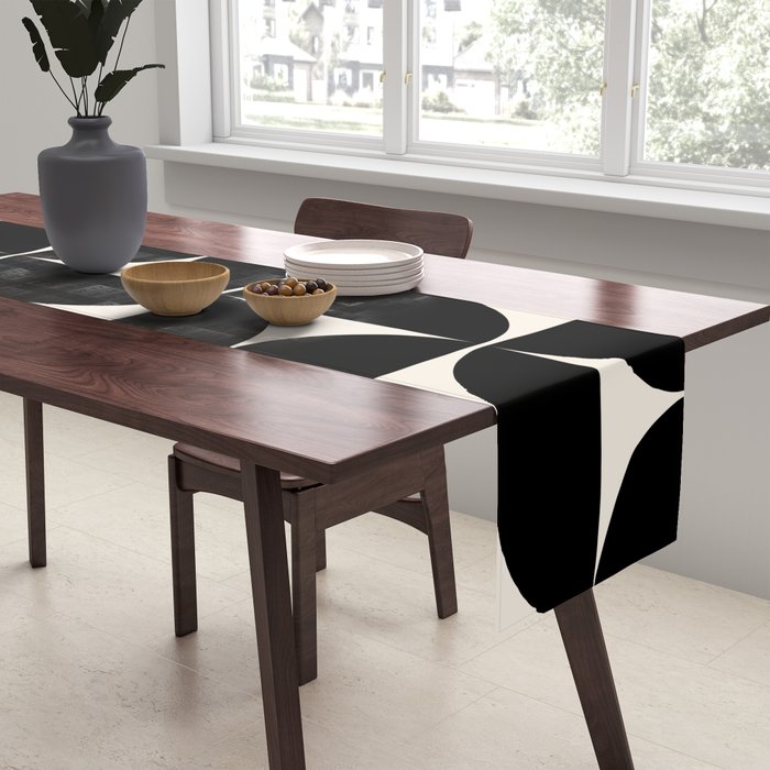 Mid Century Modern Abstract Pattern Black And Cream White Table Runner Gallery Image 2