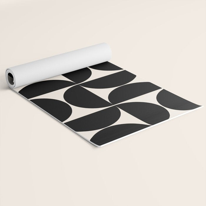 Mid Century Modern Abstract Pattern Black And Cream White Yoga Mat Gallery Image 2
