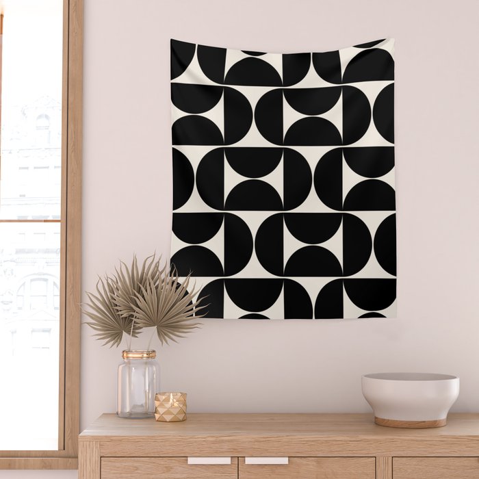 Mid Century Modern Abstract Pattern Black And Cream White Wall Tapestry Gallery Image 2