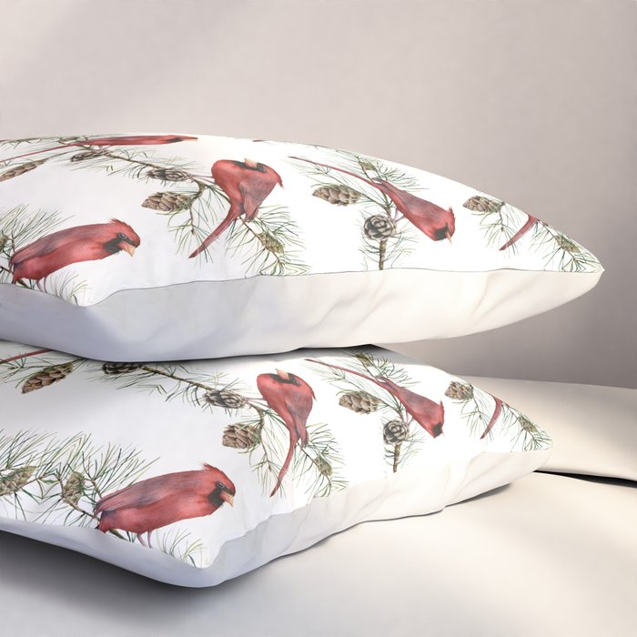 Christmas Red Cardinal Bird and Pine Watercolor Pillow Sham Gallery Image 3