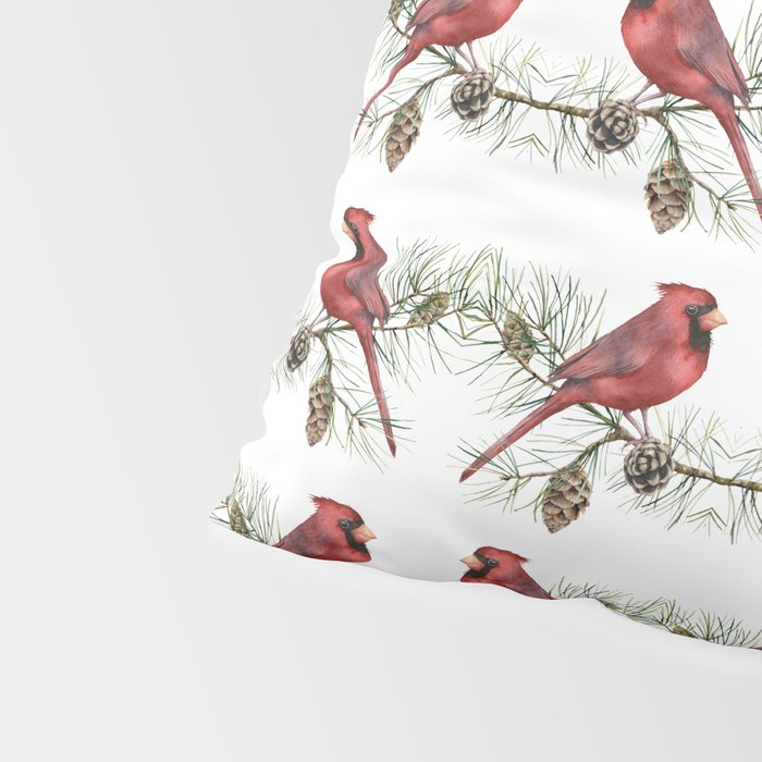 Christmas Red Cardinal Bird and Pine Watercolor Pillow Sham Gallery Image 4