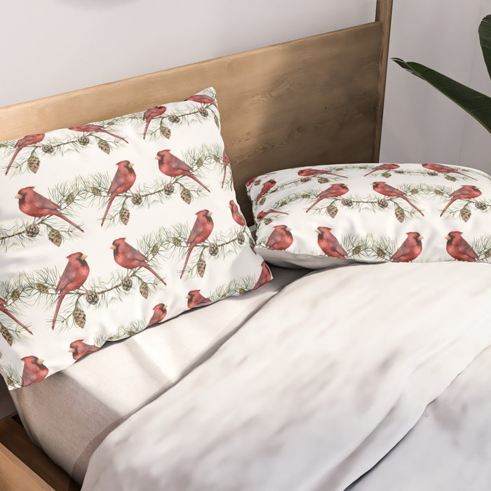 Christmas Red Cardinal Bird and Pine Watercolor Pillow Sham Gallery Image 2