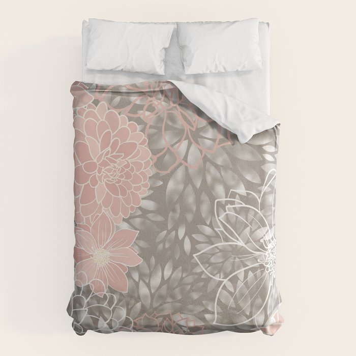 Floral Dahlias, Blush Pink, Gray, White Duvet Cover Gallery Image 6