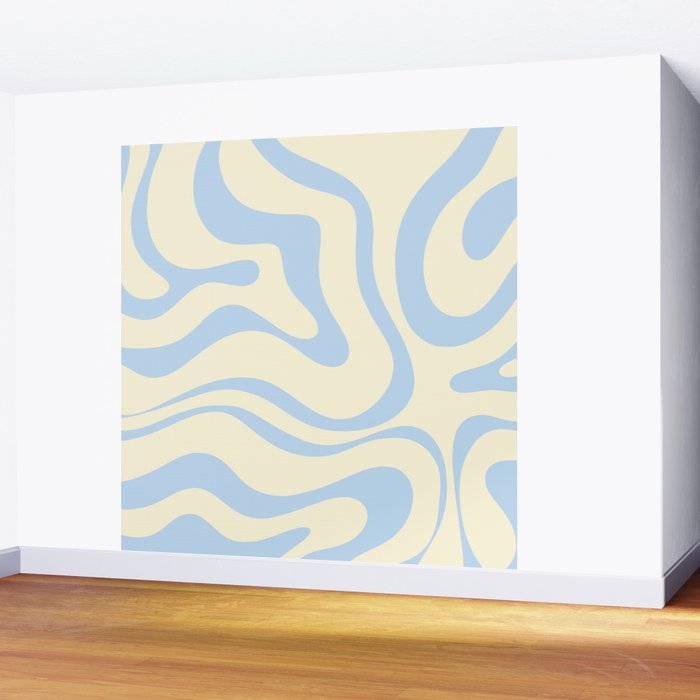 Modern Retro Liquid Swirl Abstract Pattern Light Baby Blue and Cream  Wall Mural Gallery Image 2