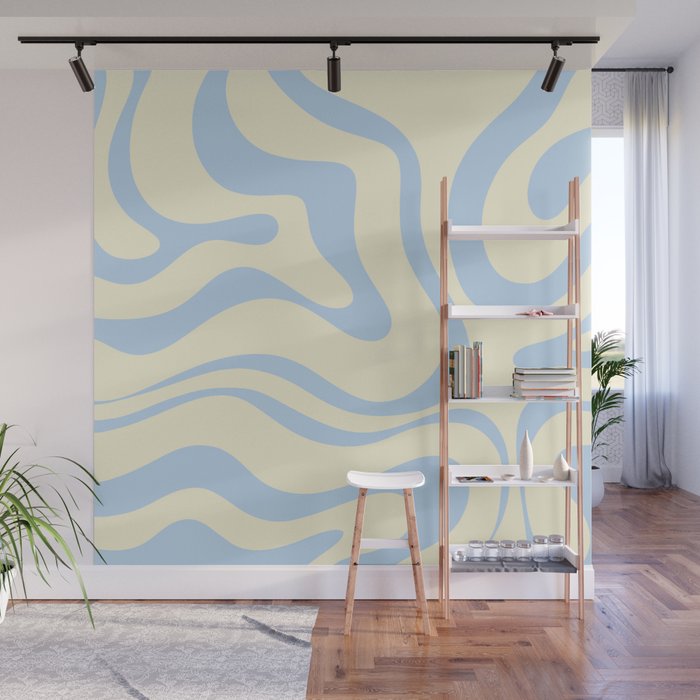 Modern Retro Liquid Swirl Abstract Pattern Light Baby Blue and Cream  Wall Mural Gallery Image 1