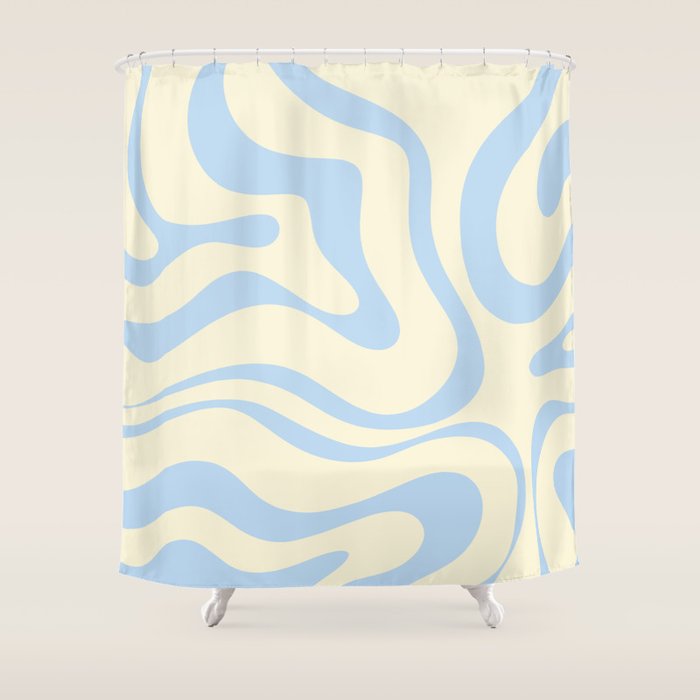 Modern Retro Liquid Swirl Abstract Pattern Light Baby Blue and Cream  Shower Curtain Gallery Image 1