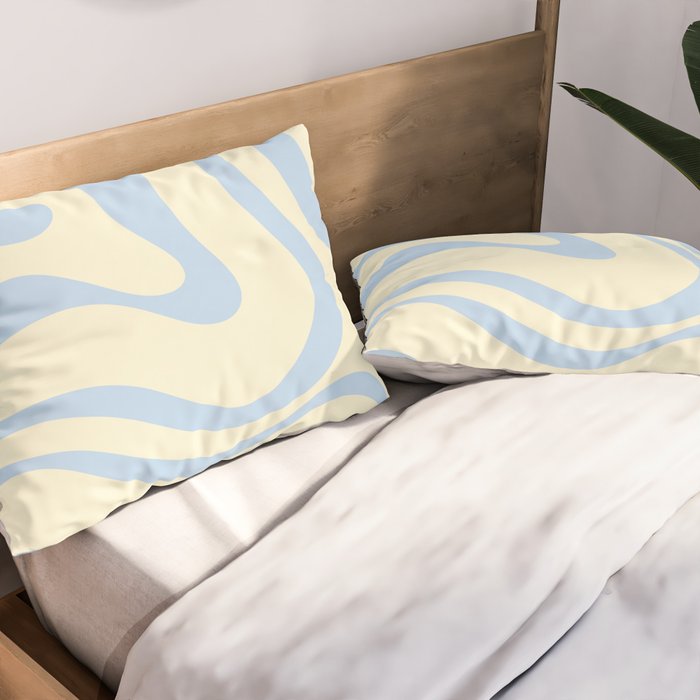 Modern Retro Liquid Swirl Abstract Pattern Light Baby Blue and Cream  Pillow Sham Gallery Image 2