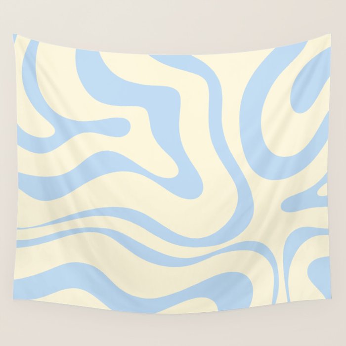 Modern Retro Liquid Swirl Abstract Pattern Light Baby Blue and Cream  Wall Tapestry Gallery Image 4
