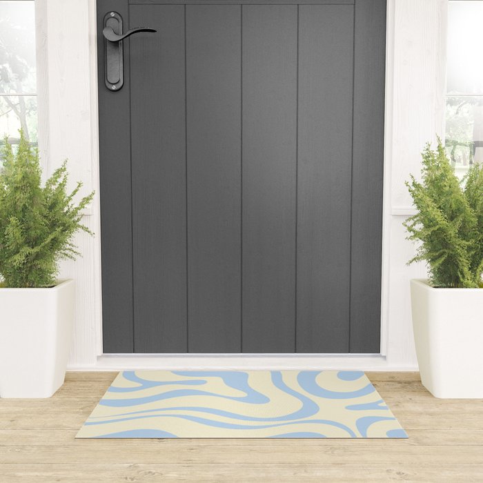 Modern Retro Liquid Swirl Abstract Pattern Light Baby Blue and Cream  Welcome Mat Gallery Image 3