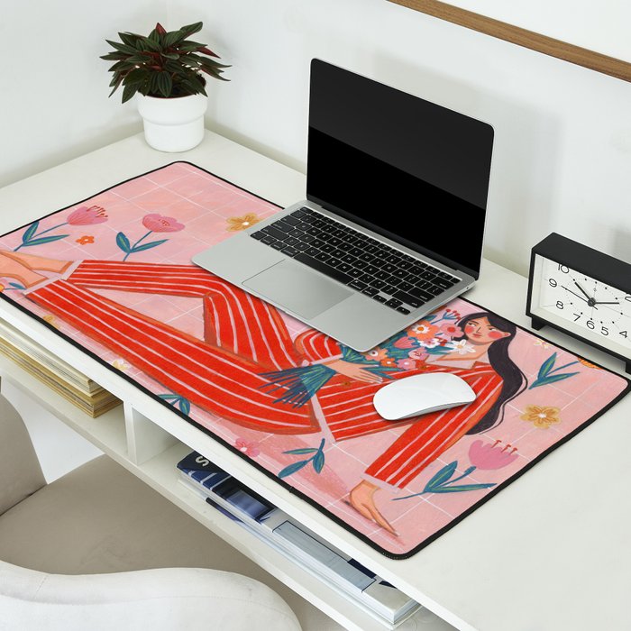 Modern Woman with Flowers Desk Mat Gallery Image 2