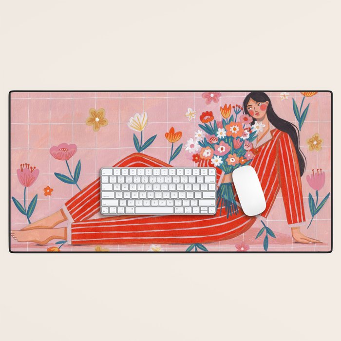 Modern Woman with Flowers Desk Mat Gallery Image 1