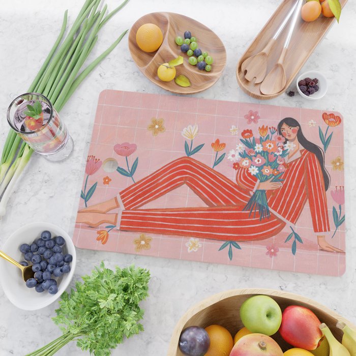 Modern Woman with Flowers Cutting Board Gallery Image 2