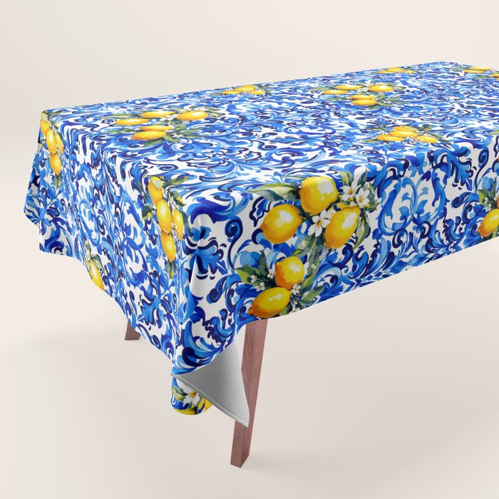 Blue Italian majolica baroque lemon art Tablecloth Gallery Image 1