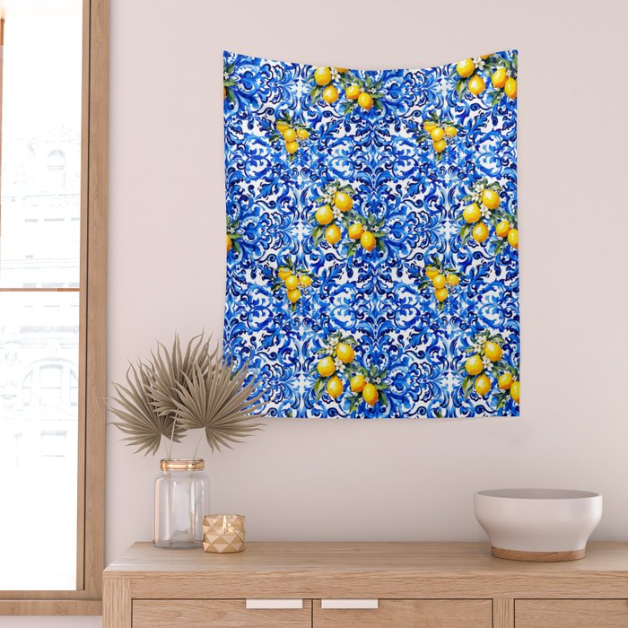 Blue Italian majolica baroque lemon art Wall Tapestry Gallery Image 2