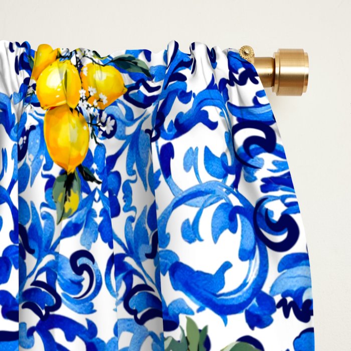 Blue Italian majolica baroque lemon art Window Curtain Gallery Image 2