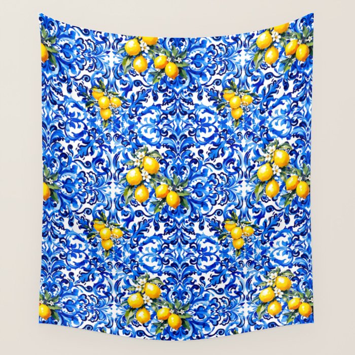 Blue Italian majolica baroque lemon art Wall Tapestry Gallery Image 1