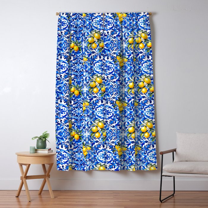 Blue Italian majolica baroque lemon art Window Curtain Gallery Image 5