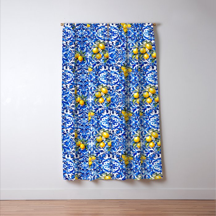 Blue Italian majolica baroque lemon art Window Curtain Gallery Image 3
