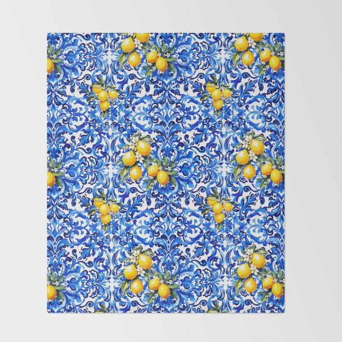 Blue Italian majolica baroque lemon art Throw Blanket Gallery Image 2