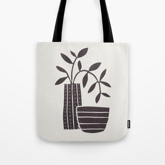 Monochrome Still Life / Striped Bowl and Vase with Leafy Branches Tote Bag Gallery Image 1