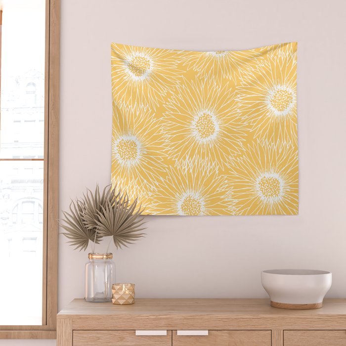 Yellow Sunflowers Line Art Wall Tapestry Gallery Image 2