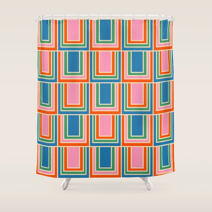 Colorful Retro Geometric Portes Pattern Blue Orange Pink Green Shower Curtain Gallery Image 1